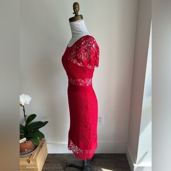 NICOLE MILLER RED SHORT SLEEVE COMBO DRESS MIDI LACE ILLUSION SIZE 0 - Picture 5 of 10